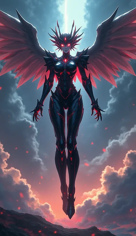 Anime Style, Giant Robot, Full body image of angelic black and red female super robot　universe, Battleship, 