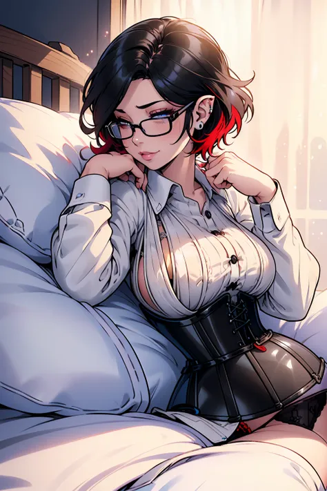 1girl, beautiful elf woman, ((Short Red Hair, Straight, has shine)) Blue eyes, double eyelids, light effect on eyes, detailed irises, beautiful curvy body, glasses, ((White Button up shirt buttoned up, black corset: 1.5)), black choker, ((black panties)), ...