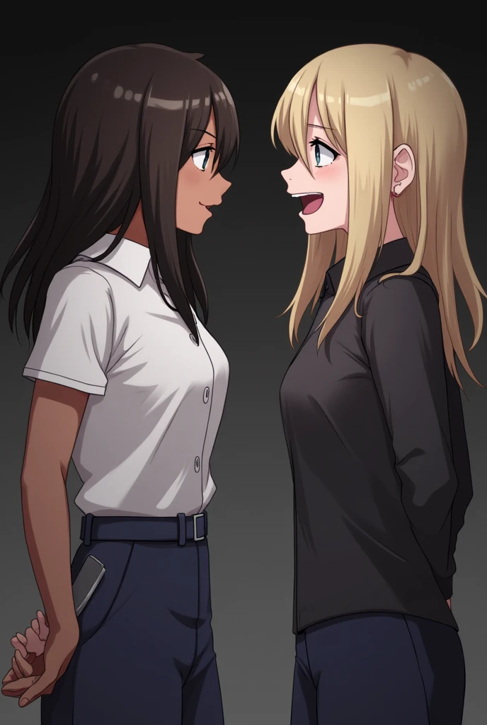 two girls talking and laughing, one brunette with dark skin and the other white with blonde hair, the brunette has her left hand with a knife, hiding it behind her back and the blonde is laughing but smart and suspicious