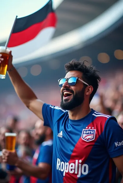 Show a Hertha Berlin football fan with flag in the stadium.
He has black hair and a beard. On his Hertha jersey is written Kadir. He also wears sunglasses Hertha club colors are white blue.
He has a beer in his hand