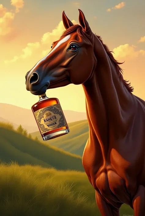 Horse drinking double reserve from a bottle of rum
 