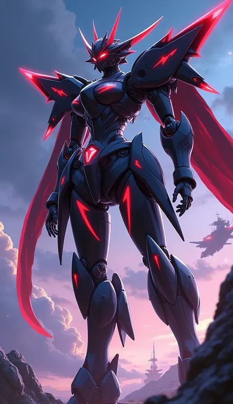 Anime Style, Giant Robot, A full-body image of a female Bahamut-like black and red super robot　universe, Battleship, 