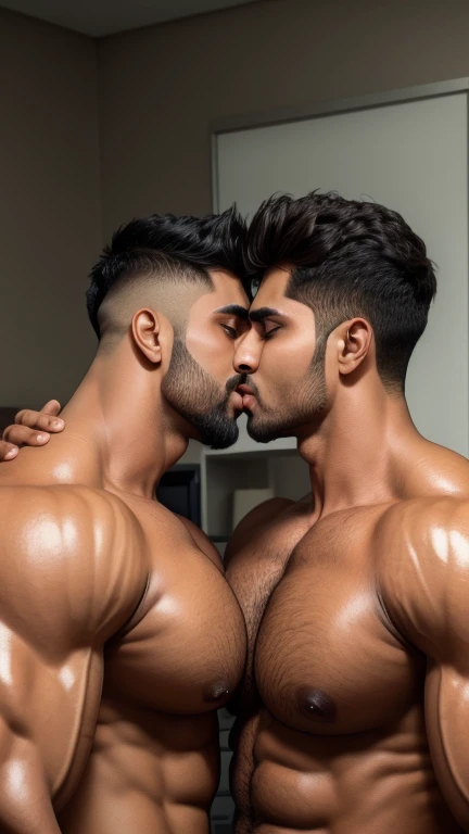 Pehlwan man Indian Gurjar gay couple sucking chest licking chest with big shinning eyes big lips wide jawline beautiful hunk face spiky black hairstyle, seductive kissing in office 