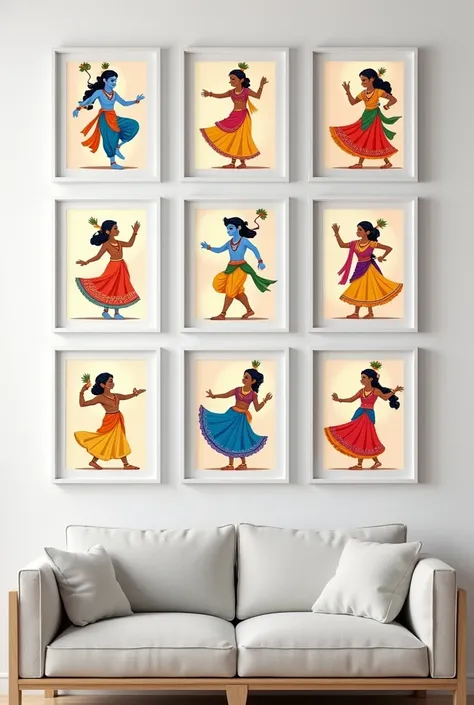 A bunch of krishna family illustration dancing different pictures in 9 white frames three A3 size and six A4 size mounted on the white wall and a couch  for branding and wishing janmashtami 