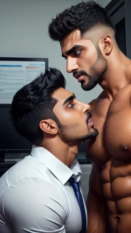 Pehlwan man Indian Gurjar gay couple sucking chest licking chest with big shinning eyes big lips wide jawline beautiful hunk face spiky black hairstyle, seductive kissing in office 