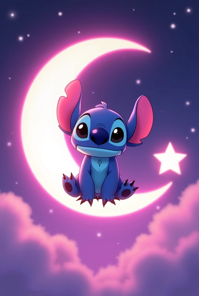 stitch (Lilo y stitch) sitting on a crescent moon and a star next to it... In pink with purple anime type white background