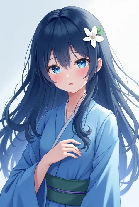 girl with blue eyes, long dark blue hair, a small white flower in her hair, dressed in a short blue kimono