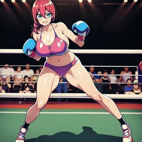 1 woman in the japan hentai game"lesbian boxing wars", 1-person fullbody drawing, （wearing boxing gloves）,boxing coliseum, （blue...