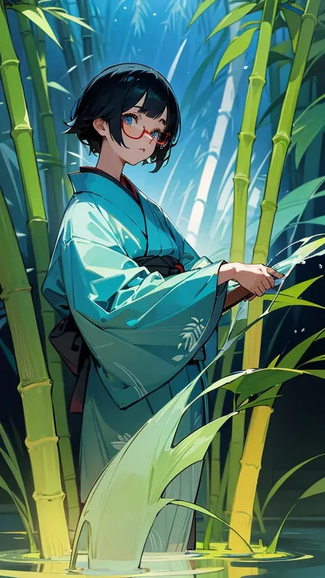 Make a character with short black hair, blue colored eyes,with a kimono half blue with green,in a bamboo forest at night, manipulating water with one hand, Rectangular red glasses 