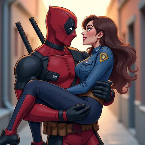 Make a photo in which Deadpool is holding a police girl in his arms and is flirting with her and the police girl is looking at Deadpool, hot cleavage police girl, girl in police uniform 