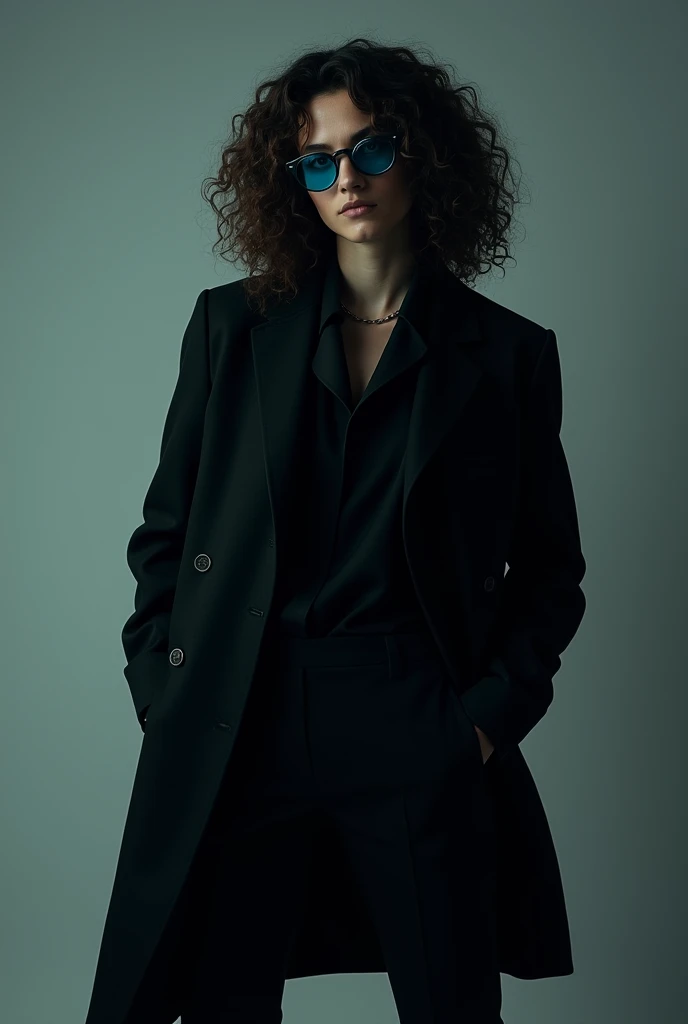 Give bodies with i character photo video editing content Long black curly hair with blue-shaded glasses A black coat with one finger slung back over the shoulder and the other hand in the pants pocket