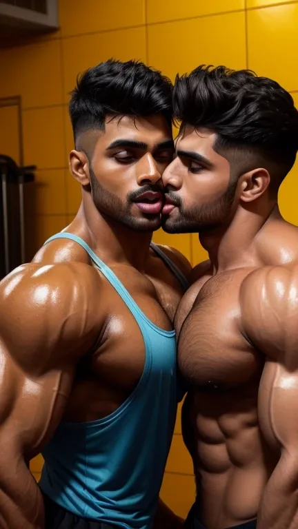 Pehlwan man Indian Gurjar gay couple wetty mouth to mouth tounge to tounge kissing and sucking lower lip, bitting lower lip during kissing saliva dripping from mouth with big shinning eyes big lips wide jawline beautiful hunk face spiky black hairstyle, se...