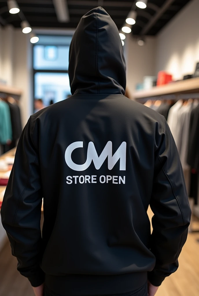 I want an image with the CM logo on the back and a message saying the store is open. , clothing store scenario