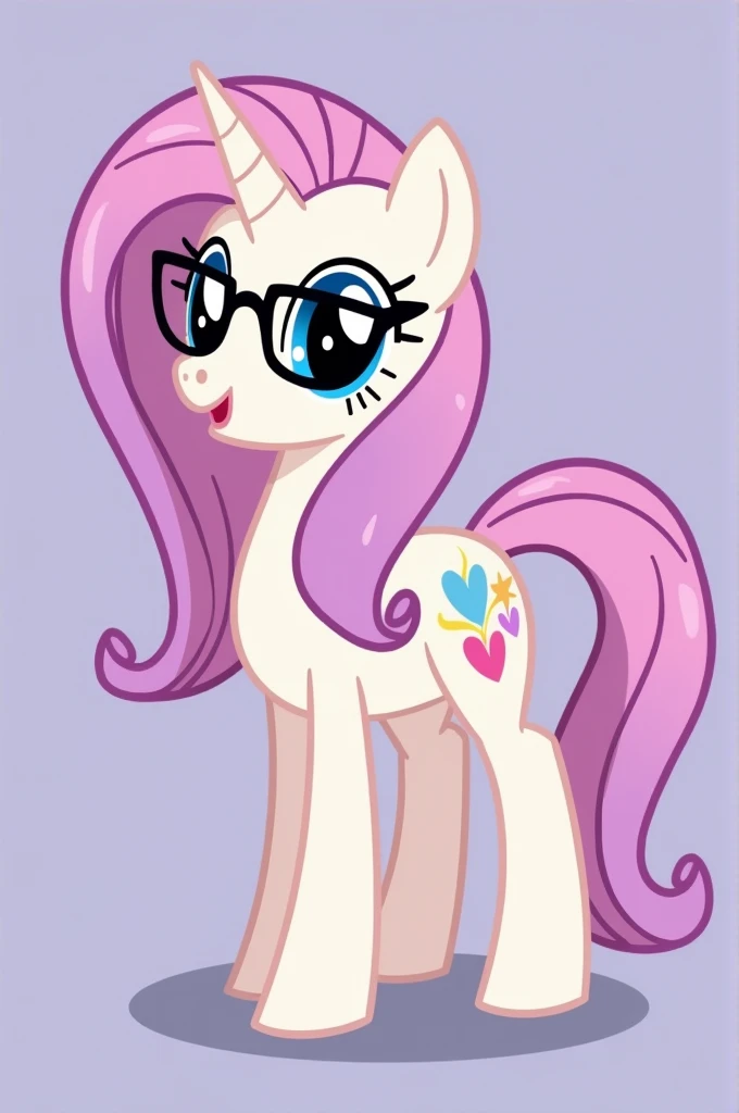 I need you to create a character of a mare of my little pony with design in the G4 , A pony with light pearly white skin and medium-long wavy hair that is light pearly pink with streaks of light purple hair. ,with black glasses and blue eyes and a quiurima...