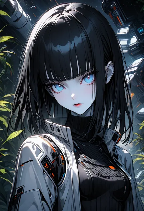 solo, female, long straight black hair, straight bangs, hime cut, light blue eyes, slender, thin, very tall, black turtleneck, light jacket, pale white skin, stylish clothes, medium breasts, space lab, plants, close up, dandere, futuristic, augmentations:0...