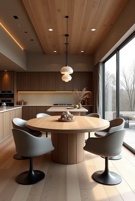 Professional 3d architecture rendering design of modern kitchen with light and dark wooden and velvet modern chairs and dark  circular wood island 