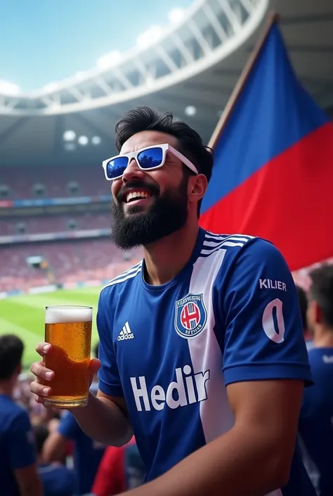 Show a Hertha Berlin football fan with flag in the stadium.
He has black hair and a beard. On his Hertha jersey is written Kadir. He also wears sunglasses Hertha club colors are white blue.
He has a beer in his hand