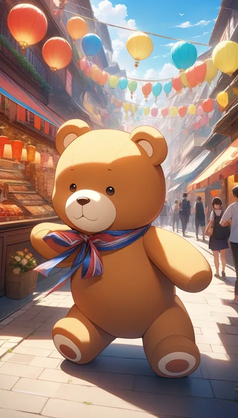 Cute teddy bear, Lots of teddy bears,  Moving happily, Festival street, ((32K)), ((best quality)), ((ultra high res)), ((HDR)), ((uhd)), ((extremely detailed CG)), ((unity 32K wallpaper)), (((anime colored))), 