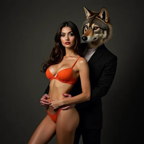 man in wolf mask in black suit hugging huge breasted woman in orange lingerie, She with her back to him and looking at the camera, photography studio 