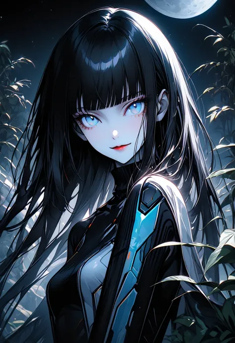 solo, female, long straight black hair, straight bangs, hime cut, light blue eyes, slender, thin, very tall, black turtleneck, elegant space clothes, pale white skin, stylish clothes, medium breasts, view from the moon, plants, close up, dandere, futuristi...