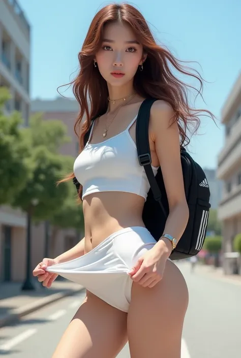 ((Skirt twisting)）、pantie shot、wearing white crop top tanktop and dolphin shorts, sexy butt, K-pop idols、Highly detailed white skin、Beautie、One woman、18-years old、Brown long windy wavy hair、middlebreasts、perfectly proportions、on sidewalk, morning time、Skir...