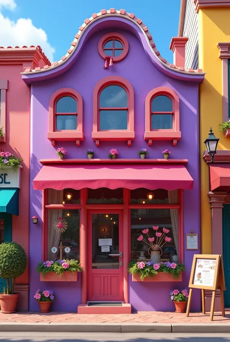 Create a business by painting the facade in purple colors, Rosy, fuchsia, yellow that looks complete beautiful pixar style selling bows with the name SINAIHM BOWS