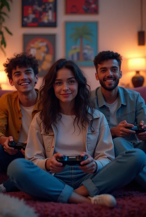 Naked woman playing xbox with several friends in a room
