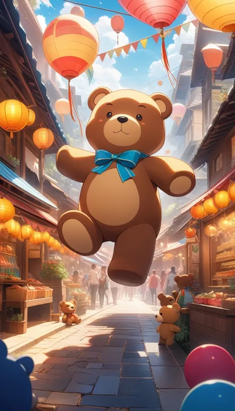 Cute teddy bear, Lots of teddy bears,  Moving happily, Festival street, ((32K)), ((best quality)), ((ultra high res)), ((HDR)), ((uhd)), ((extremely detailed CG)), ((unity 32K wallpaper)), (((anime colored))), 