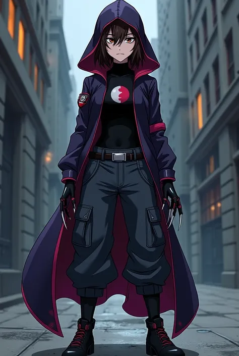 1 girl. DC style panel animation Young Justice. dark brown hair, Wavy and disheveled below the shoulders, tired brown eyes with dark circles, almost pale white complexion,1.65 m, slim and agile build. security guard clothing, black muscle shirt, Black over...