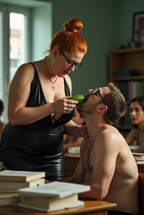 hyper realistic, round mistress looking at viewer, 1woman, oldish wrinkled face sexy aged woman, double chin, she firmly pushes a cucumber deep into male students open mouth, with one hand locking students head in place, standing in a crowded classroom, be...