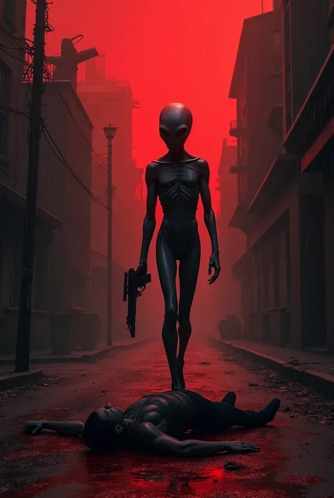 alien walking on a dark street human body lying on the ground with a gun in his hand, red sky raining blood around dead human body best quality