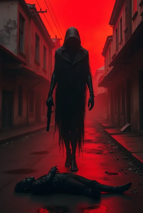 alien walking on a dark street human body lying on the ground with a gun in his hand, red sky raining blood around dead human body best quality