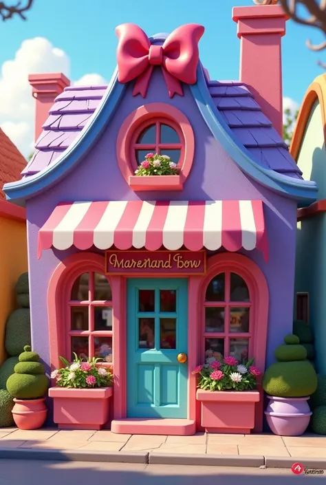 Create a business by painting the facade in purple colors, Rosy, aqua, yellow that looks complete beautiful pixar style selling bows with the name SINAIHM BOWS