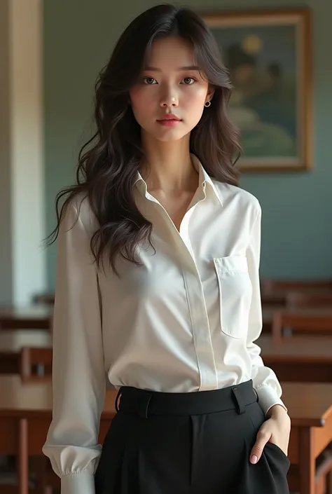 This beautiful teacher wore a simple and elegant white shirt with a pair of black slim trousers, showing her tall figure and graceful curves. Her long hair was shawl, slightly curly, and gave off a faint fragrance. Her facial features are delicate, her eye...