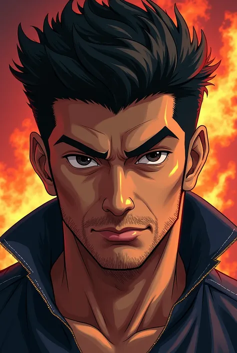 A man with warm brown skin, short black hair, thick eyebrows, almond-shaped dark eyes, a straight nose, full lips, and a neatly trimmed beard. He has a strong jawline and a serious, confident expression. Anime from jojos bizarre adventure