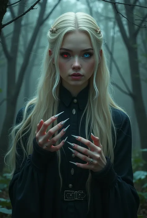 uma jovem de 20 anos, blonde, long  hair, angelic face one intense blue eye and the other red, with claws in his hands and fangs like a wolf( earless) in a gloomy forest, dressed the same as Sansa Stark.