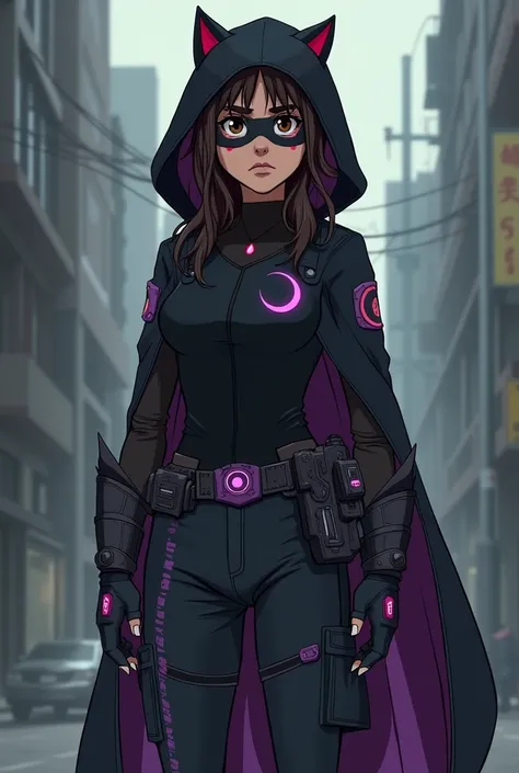 1 girl. estilo DC panel Young Justice. dark brown hair, Wavy and shaggy is a shaggy mullet style below the shoulders, tired brown eyes with dark circles, almost pale white complexion,1.65 m, slim and agile build. security guard clothing, black muscle shirt...