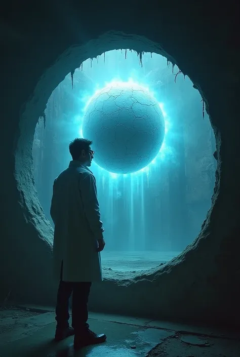 A scientist from behind looking at a glass window where there is a cracked gray round ball floating and emanating blue energies and the walls look cracked.