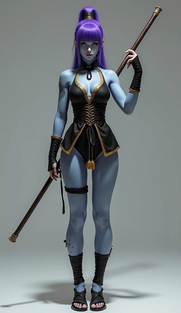 Super realistic, High Detail Face, Clean and delicate face, wide shot, 1 lady, whole body, Fighting posture, Holding Long stick with both hands Anatomically correctly, Purple ponytail, parted bangs, blue skin, Tattoo on arm, wearing a Black and gold mini K...