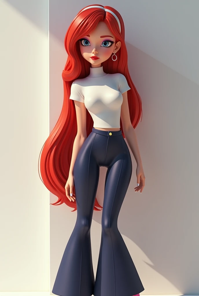 Nathalie is a very beautiful 1 girl with light skin and a turned-up nose., Her hair is long, straight, red and is styled with perfect bangs to the left side of her face. She also wears a white headband on her head., His eyes are drooping and expressionless...