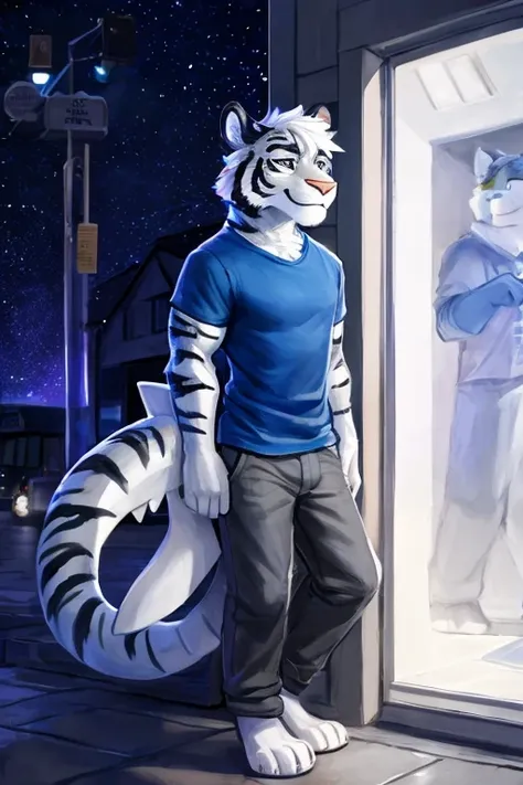 (((outside of a small cafe  standing outside the front door at night yime,the waiter is a light gray tiger shark with white hair...