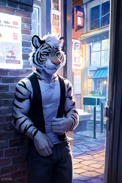 (((outside of a small cafe  standing outside the front door at night yime,the waiter is a light gray tiger shark with white hair...