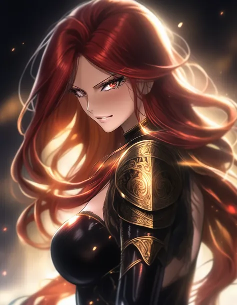 Illustrator, anime , Erza Scarlet, Realistic ,sketch , 1 person, model, Age 25, lip, Sexy and revealing black and gold sheer knight dress（Holy knight）, order, black and gradient background, Neon Hair, long red hair, Big Breasts, Her cleavage is visible, lo...