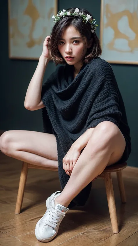 (High quality photo:1.5), 1woman, a 25y very pretty hongkong woman with (cool expression:1.2), (wearing a beauty floral crown:1.2), (sexy:1.3),sitting, (open legs:1.3), wood stool, (woolen blanket:1.4), (sneakers:1.2) (chubby:1.2), (perfect hairstyle:1.4),...