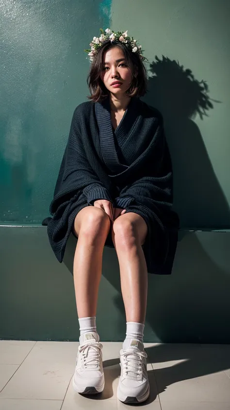 (High quality photo:1.5), 1woman, a 25y very pretty hongkong woman with (cool expression:1.2), (wearing a beauty floral crown:1.2), (sexy:1.3),sitting, (open legs:1.3), wood stool, (woolen blanket:1.4), (sneakers:1.2) (chubby:1.2), (perfect hairstyle:1.4),...