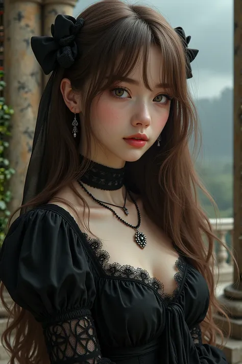 girl with prepy gothic style and long brown and white hair