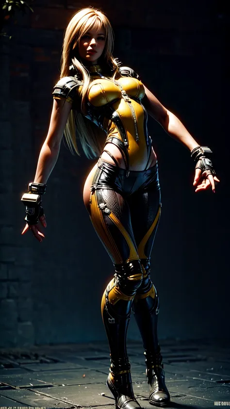 Elena from star ocean 6, long yellow hair in loose sheaf, sapphire blue eyes, (strong glutes), perky_medium_bust, skin tight ultra-low-rise leather pants, fitted yellow jacket 3/4 cropped, (black motorcycle boots), holding futuristic weapon, in various fig...