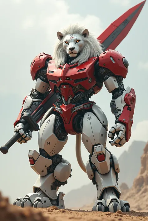 White and red Lion with transformer costume standing with optimus big sword on shoulder from front standingas big beast looking at me