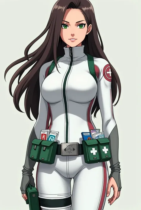 Full-body. Physically attractive woman with long dark brown hair, greeneyes, wearing a white infiltration suit, a utility belt with medical equipment on it like healing pads, bandages and medical kits. she is a doctor. Naruto anime style. Full-body