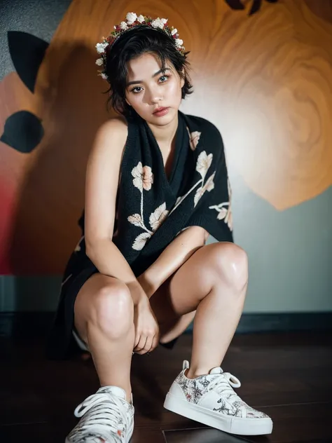 (High quality photo:1.5), 1woman, a 25y very pretty hongkong woman with (cool expression:1.2), (wearing a beauty floral crown:1.2), (sexy:1.3),sitting, (open legs:1.3), wood stool, (woolen blanket:1.4), (((sneakers))), (chubby:0.8), (perfect hairstyle:1.4)...